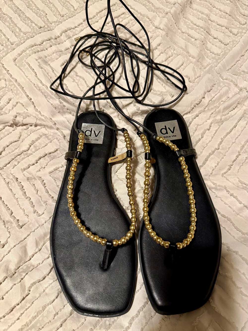 DV by Dolce Vita Black Leather Lace-Up Sandals with Gold Beaded Straps